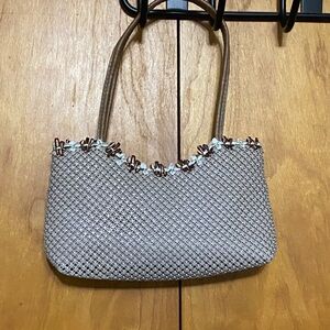 Y & S Original Vintage Small Enamel Mesh Handbag Purse w/Handles Light Brwn Whte